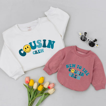 Cousin Crew Matching Shirts: Smiley Face Onesie & Sweatshirt, Retro Cousin Gift Set, Family Trip, New Baby Outfit, Cute & Comfy Cousins Apparel