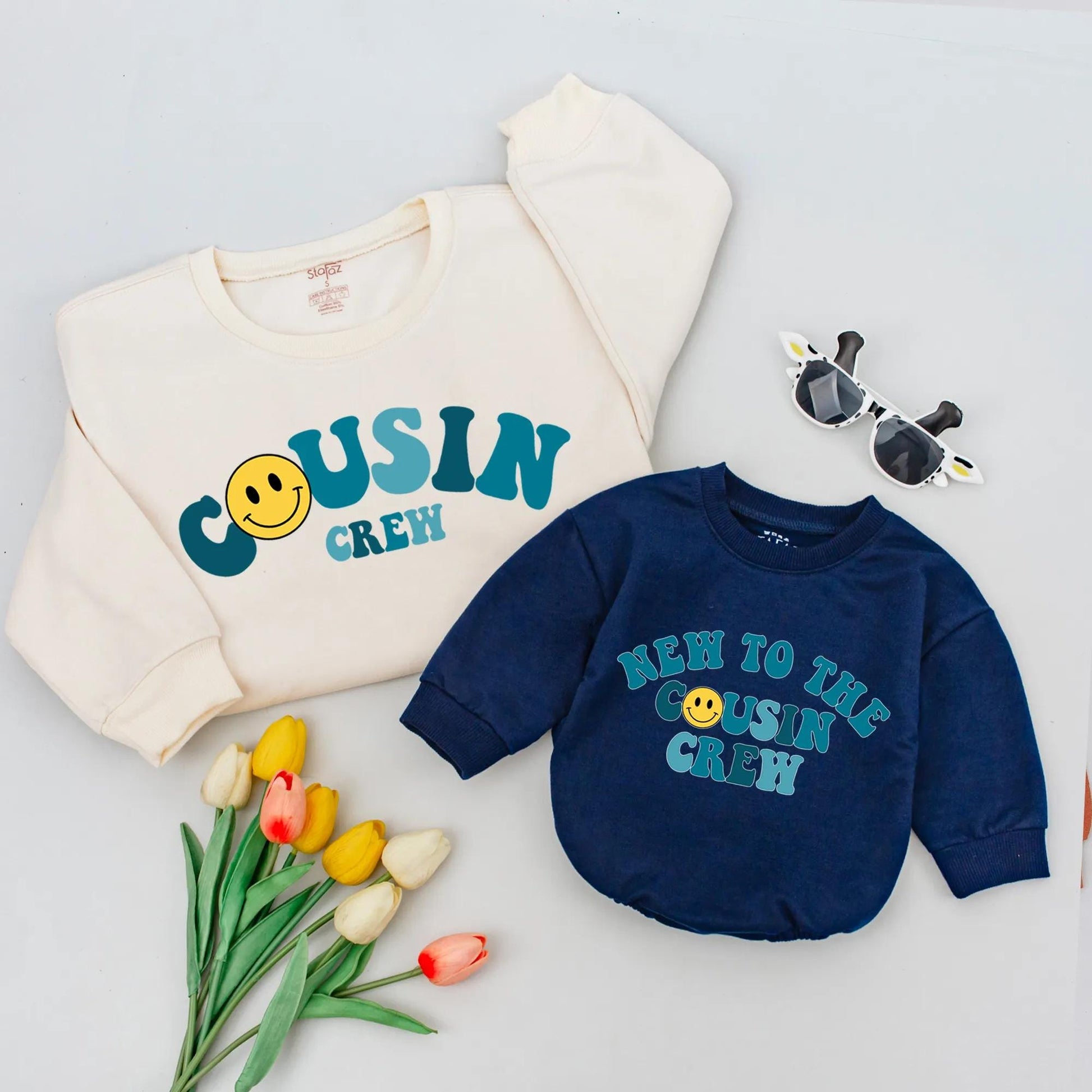 Cousin Crew Matching Shirts: Smiley Face Onesie & Sweatshirt, Retro Cousin Gift Set, Family Trip, New Baby Outfit, Cute & Comfy Cousins Apparel