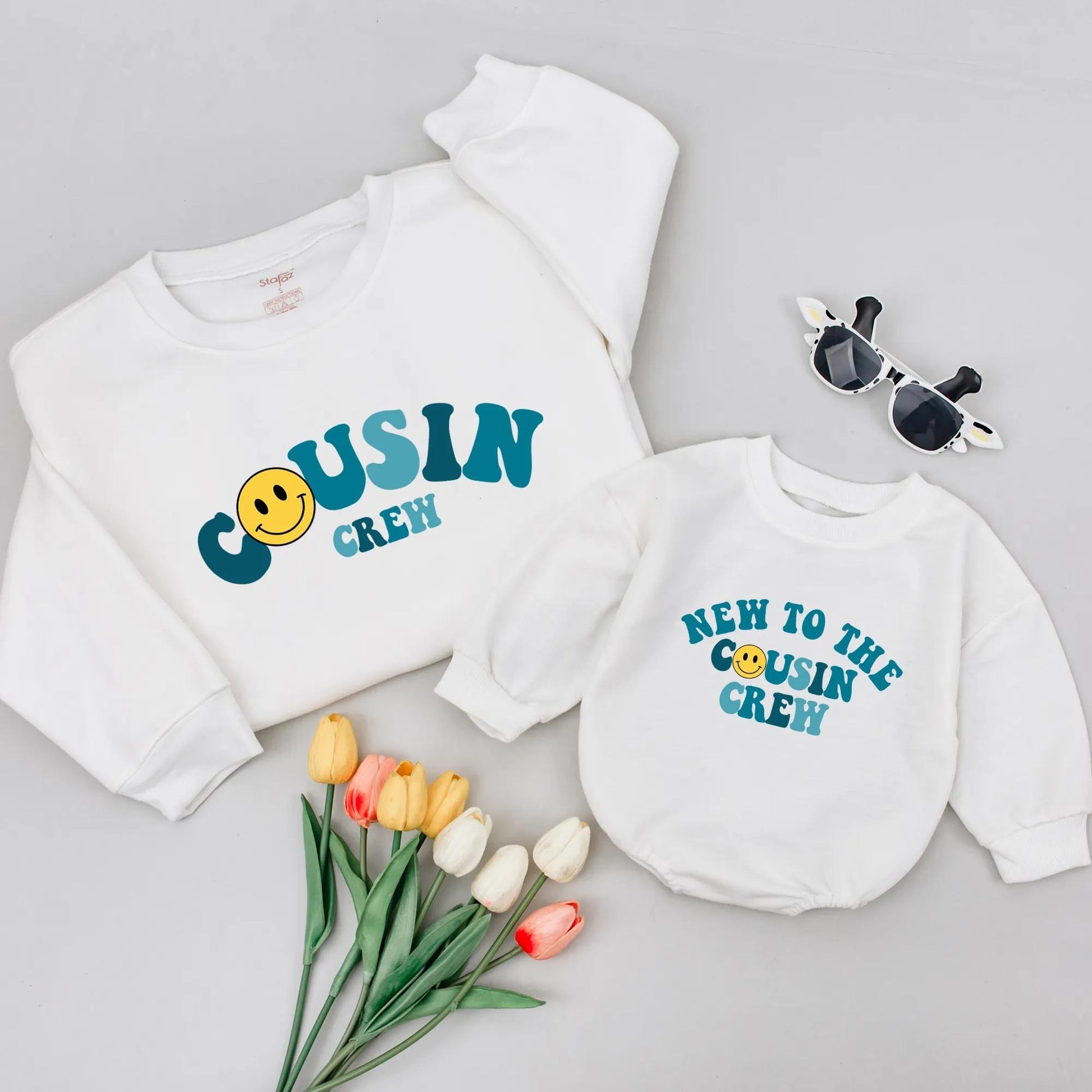Cousin Crew Matching Shirts: Smiley Face Onesie & Sweatshirt, Retro Cousin Gift Set, Family Trip, New Baby Outfit, Cute & Comfy Cousins Apparel