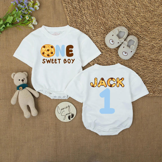 Cute Cookie "ONE SWEET BOY" Romper for Baby Boy First Birthday Outfit with "JACK" Name and Blue '1' Back