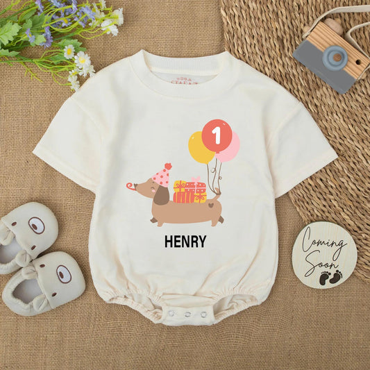 Henry's 1st Birthday Boy Romper Cute Dachshund Balloons Party Hat Baby Boy Outfit