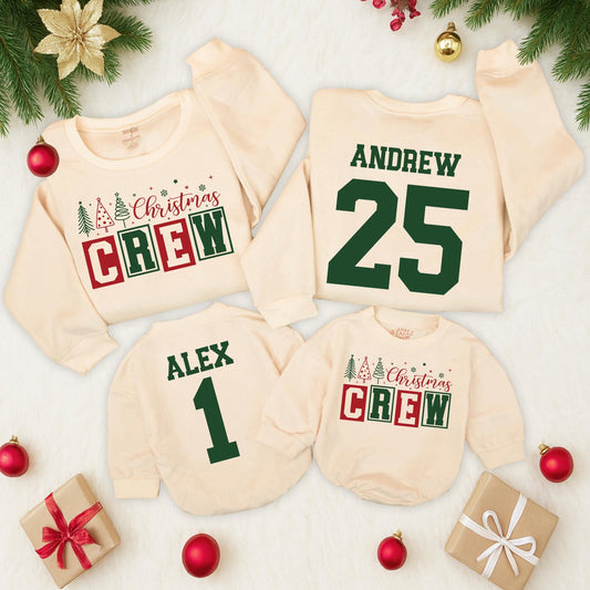 Personalized Family Christmas Crew Sweatshirts Matching Name & Number Collegiate Dark Green Design with Christmas Trees Snowflakes Stars Baby Romper Outfit