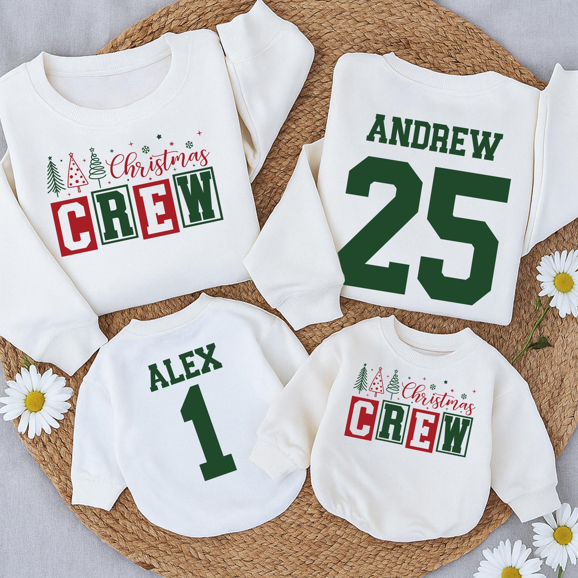 Personalized Family Christmas Crew Sweatshirts Matching Name & Number Collegiate Dark Green Design with Christmas Trees Snowflakes Stars Baby Romper Outfit