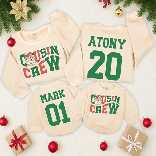 Matching Cousin Crew Christmas Sweatshirts Personalized Family Sweaters Retro Santa Design Holiday Party Outfits Baby Romper