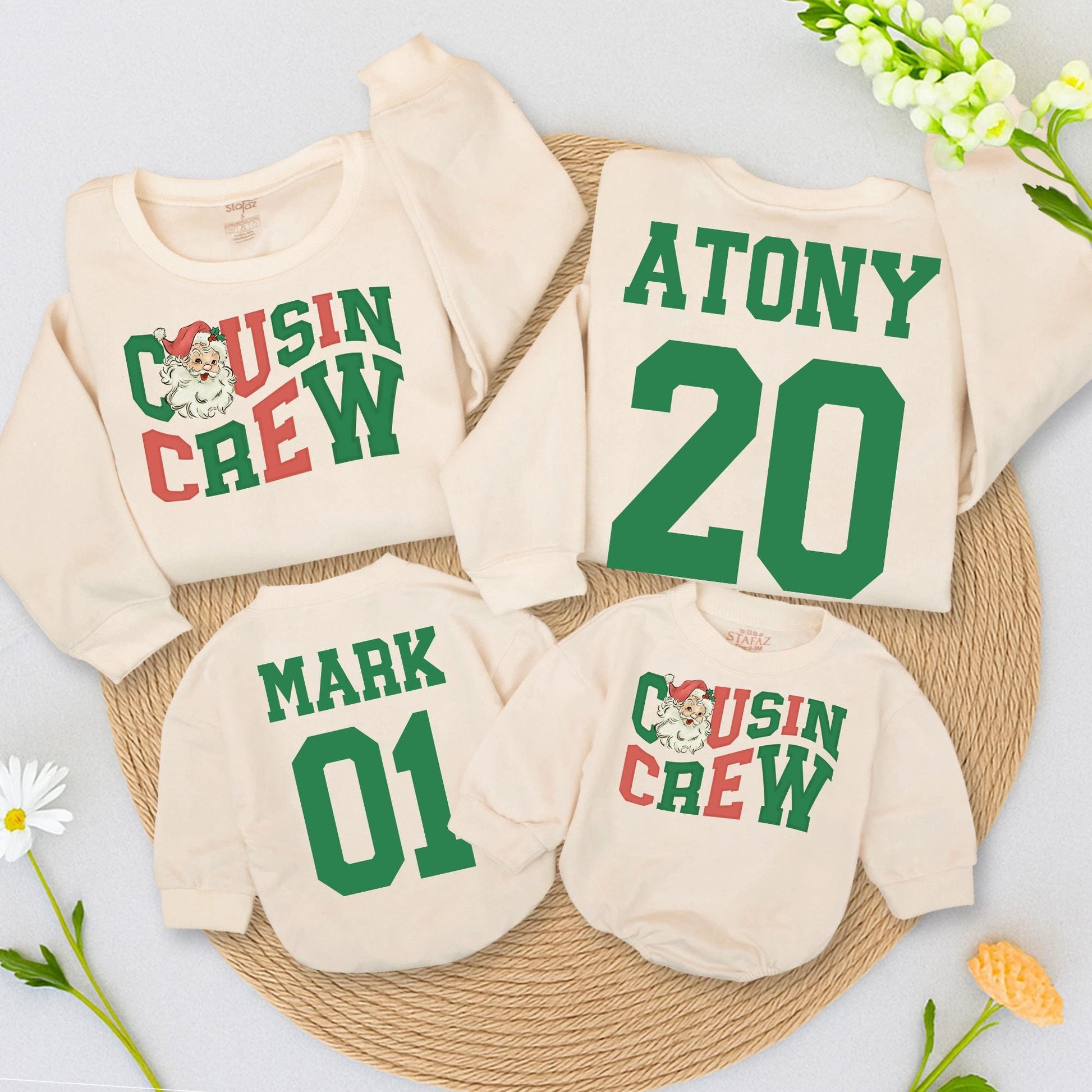 Matching Cousin Crew Christmas Sweatshirts Personalized Family Sweaters Retro Santa Design Holiday Party Outfits Baby Romper