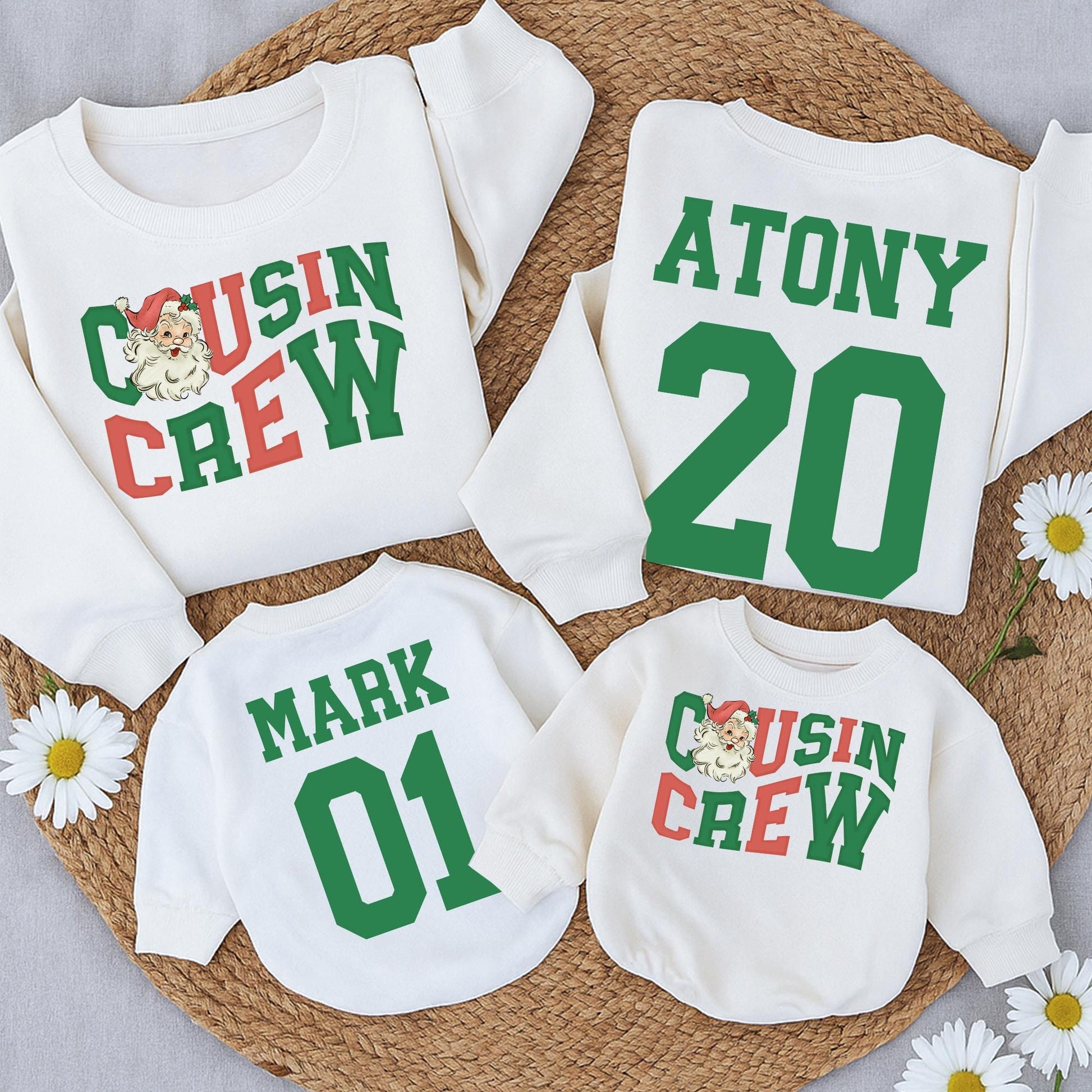Matching Cousin Crew Christmas Sweatshirts Personalized Family Sweaters Retro Santa Design Holiday Party Outfits Baby Romper