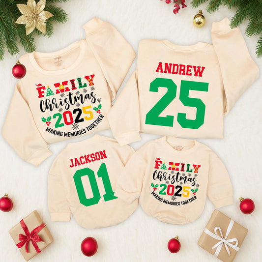 Family Christmas 2025 Matching Sweatshirts, Custom Name & Number Holiday Outfit, Vintage Christmas Crew, Red Green Yellow, Making Memories Together (137 chars)