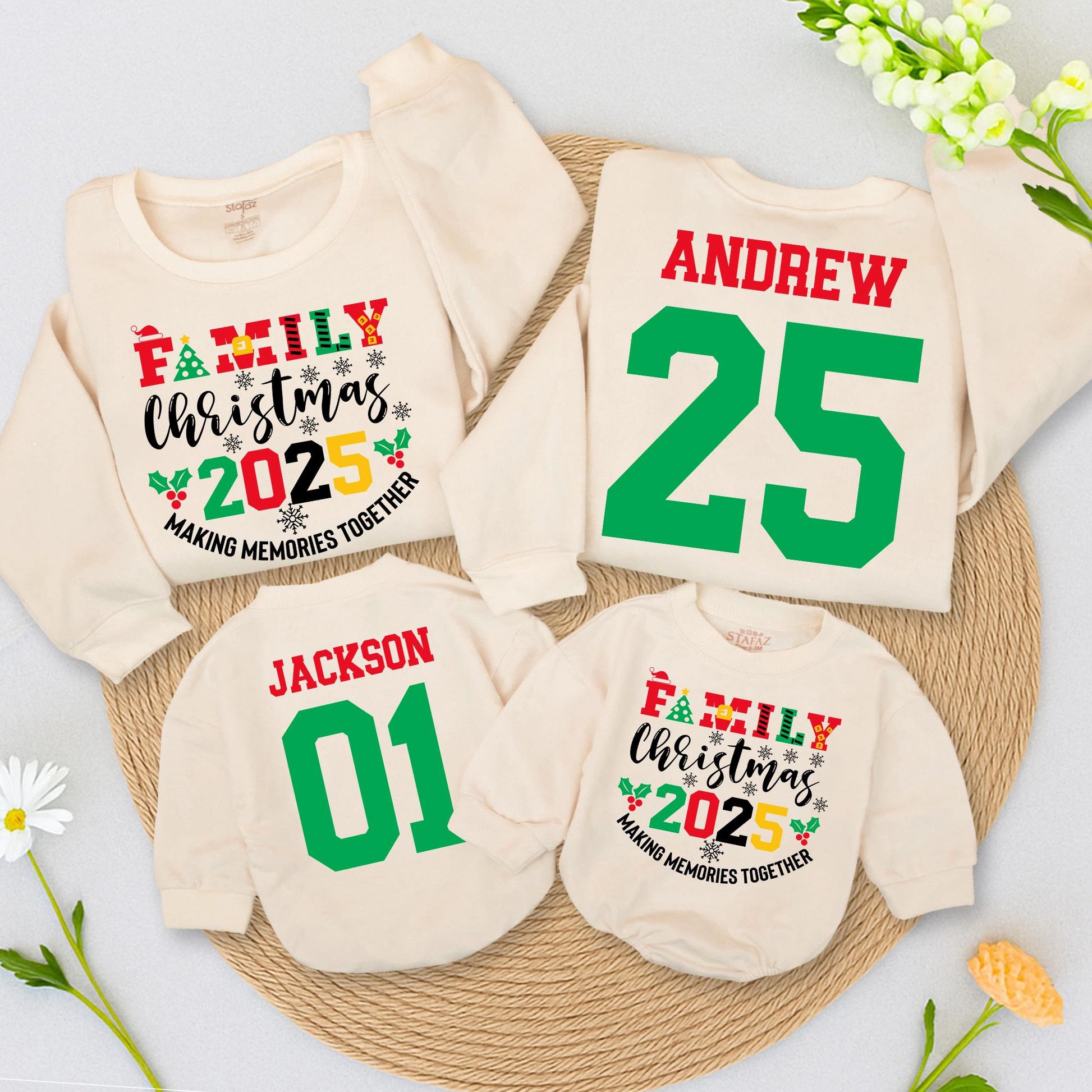 Family Christmas 2025 Matching Sweatshirts, Custom Name & Number Holiday Outfit, Vintage Christmas Crew, Red Green Yellow, Making Memories Together (137 chars)