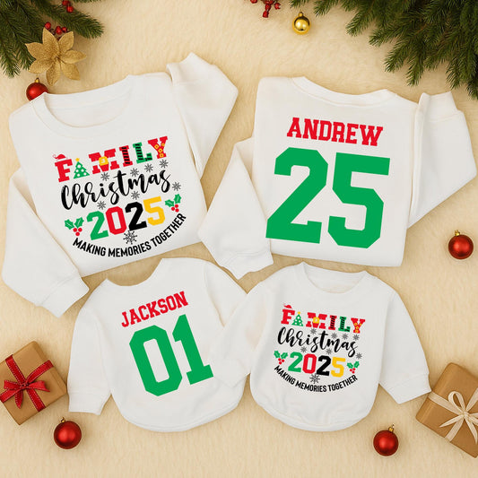 Family Christmas 2025 Matching Sweatshirts, Custom Name & Number Holiday Outfit, Vintage Christmas Crew, Red Green Yellow, Making Memories Together (137 chars)