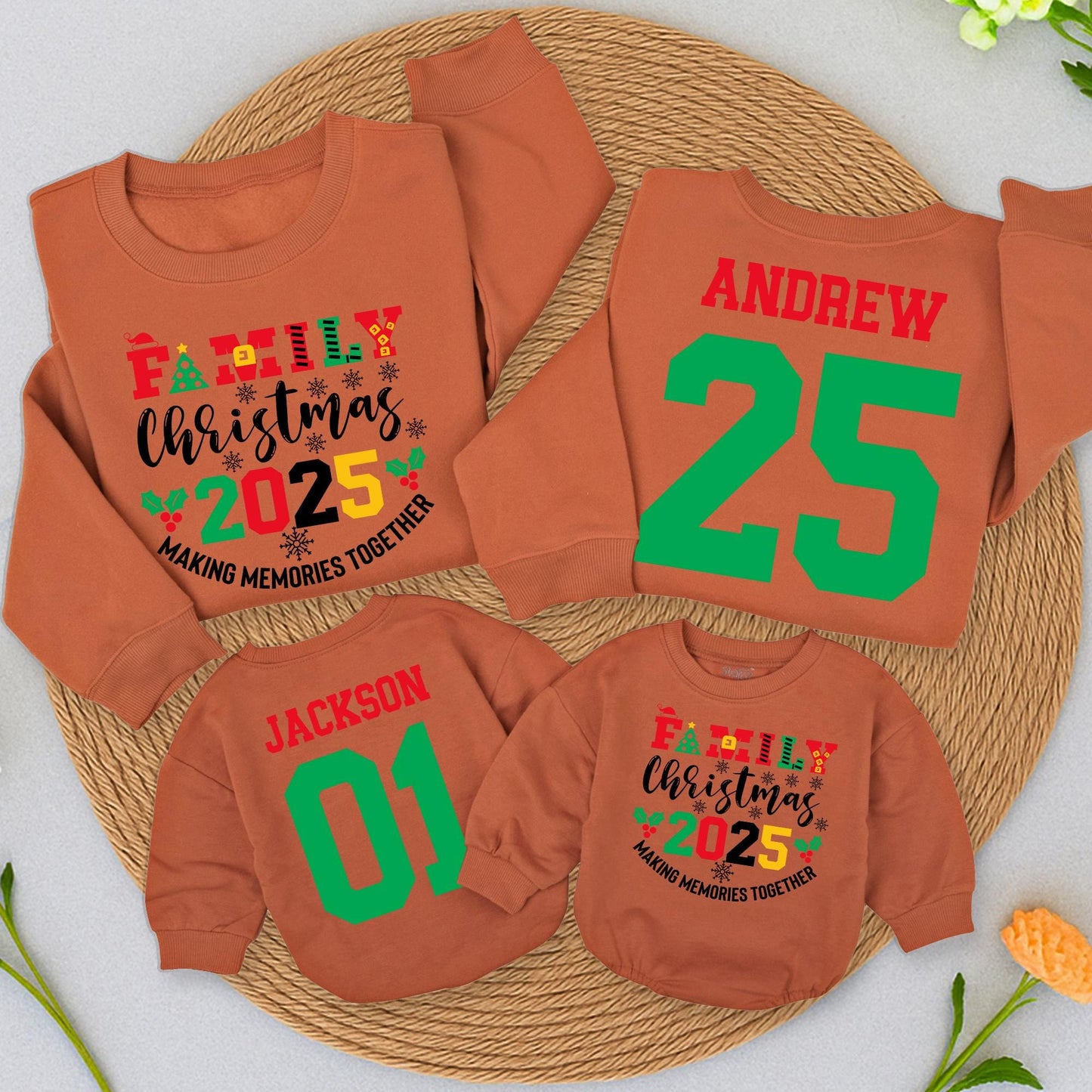 Family Christmas 2025 Matching Sweatshirts, Custom Name & Number Holiday Outfit, Vintage Christmas Crew, Red Green Yellow, Making Memories Together (137 chars)