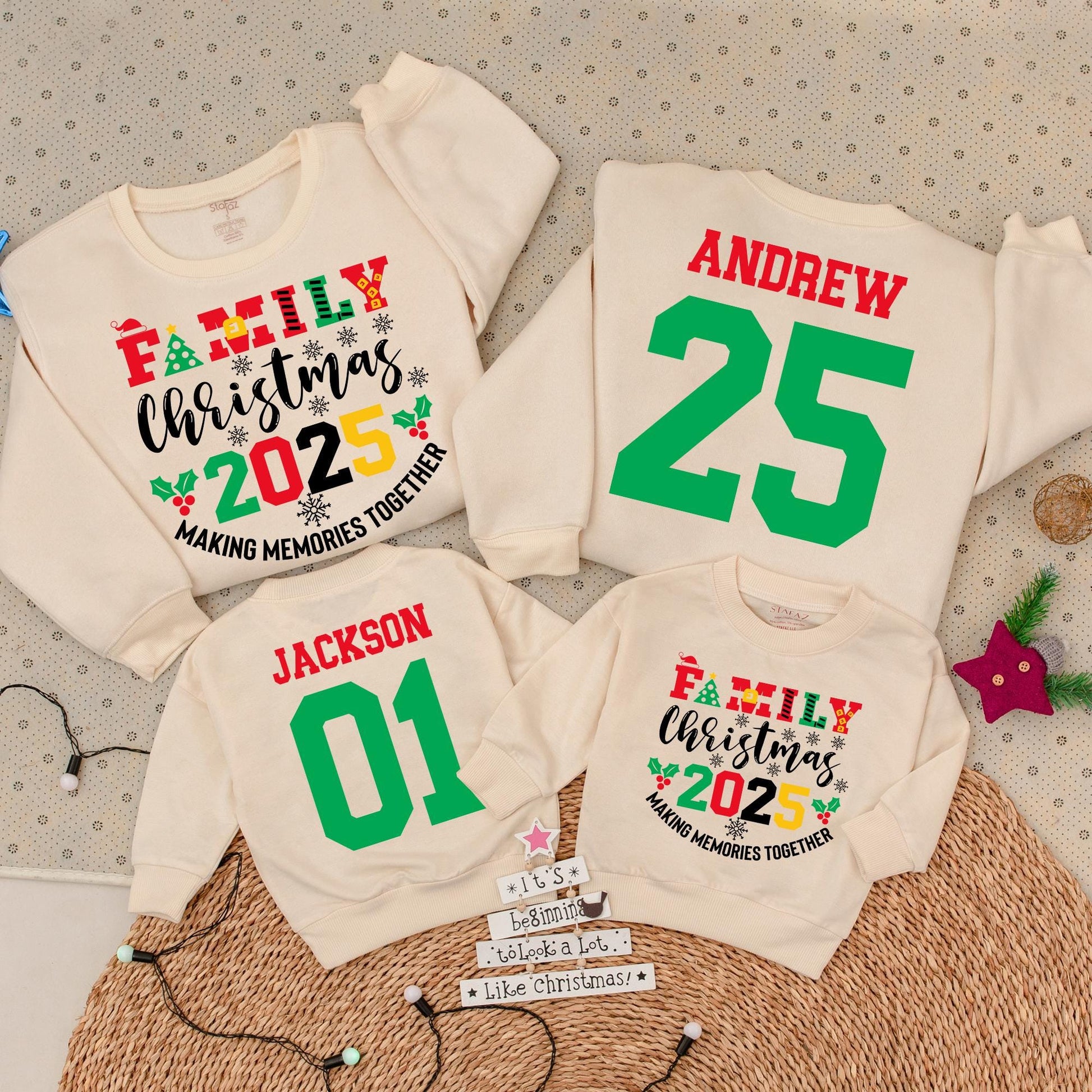 Family Christmas 2025 Matching Sweatshirts, Custom Name & Number Holiday Outfit, Vintage Christmas Crew, Red Green Yellow, Making Memories Together (137 chars)
