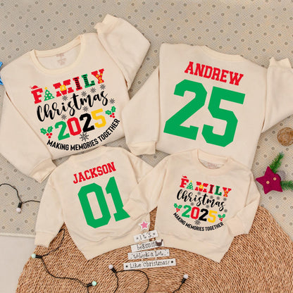 Family Christmas 2025 Matching Sweatshirts, Custom Name & Number Holiday Outfit, Vintage Christmas Crew, Red Green Yellow, Making Memories Together (137 chars)