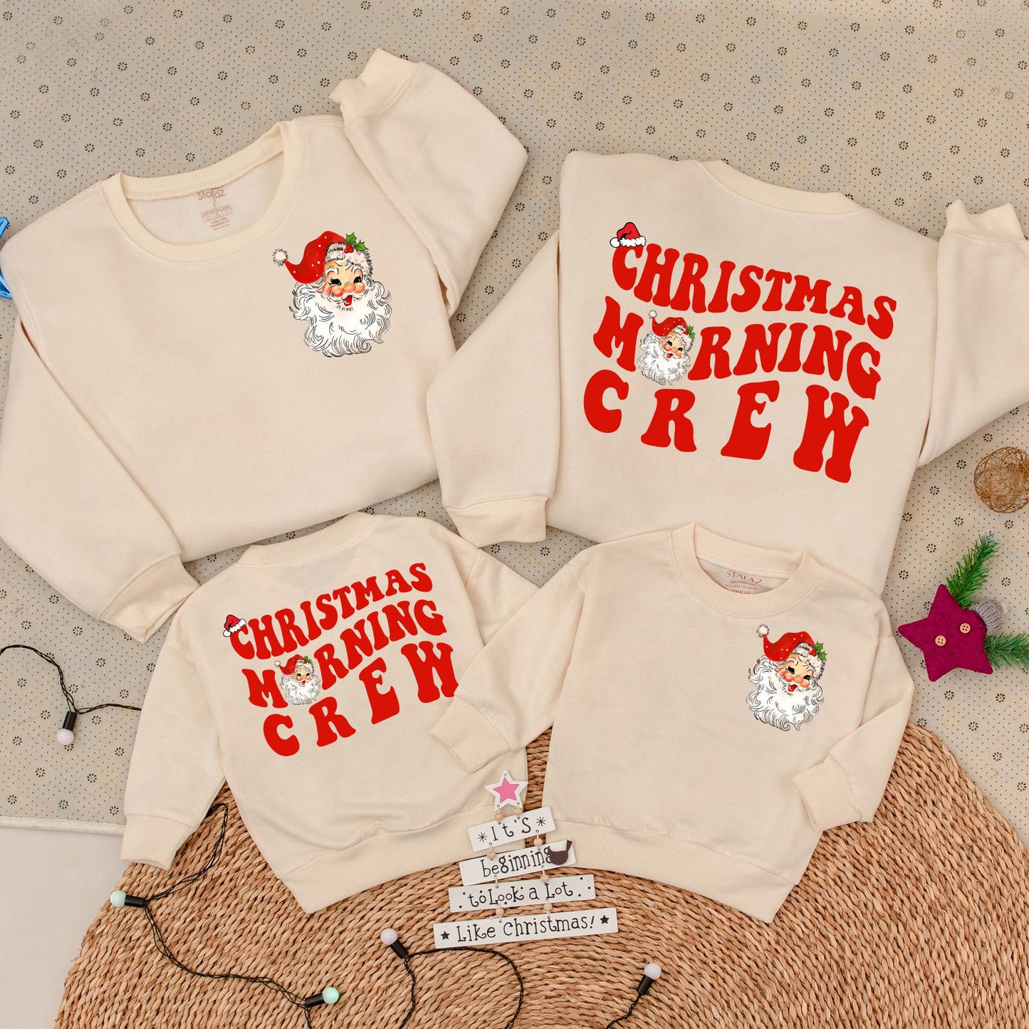 Vintage Santa Christmas Morning Crew Sweatshirt Toddler Outfit, Retro Holiday Design, 2-Sided Sweater Girl Boy, Winter Gift