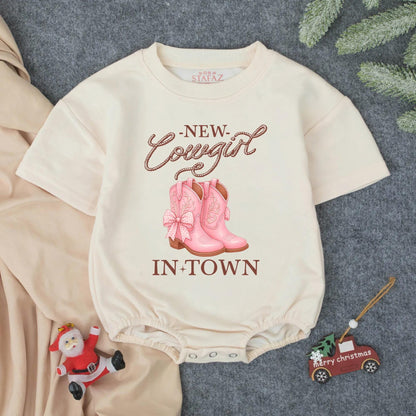 New Cowgirl In Town Pink Polka Dot Boots Bubble Romper Cute Western Baby Shower Outfit for Girls Coming Home