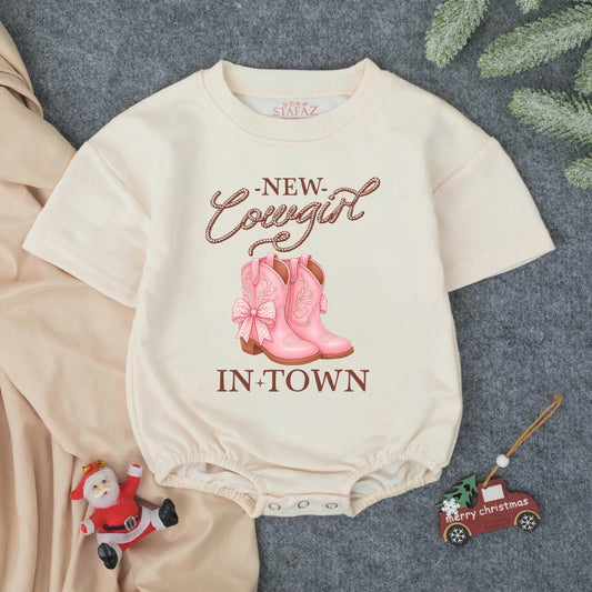 New Cowgirl In Town Pink Polka Dot Boots Bubble Romper Cute Western Baby Shower Outfit for Girls Coming Home