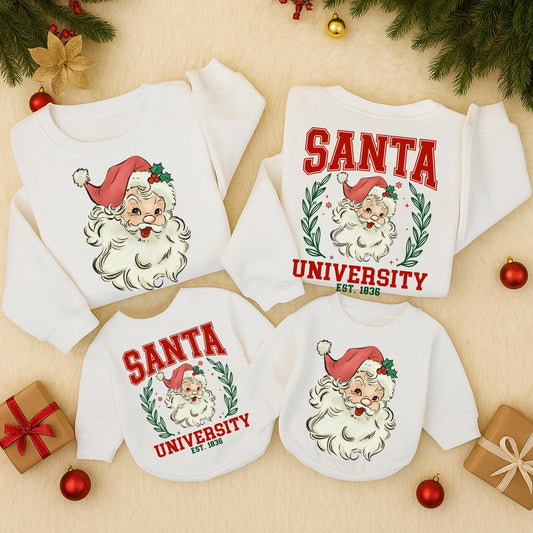Vintage Santa University Christmas Sweatshirt, Retro Collegiate Holiday Outfit, Double Sided Sweater, Santa Claus Romper, Girly Xmas Gift, 1836 EST