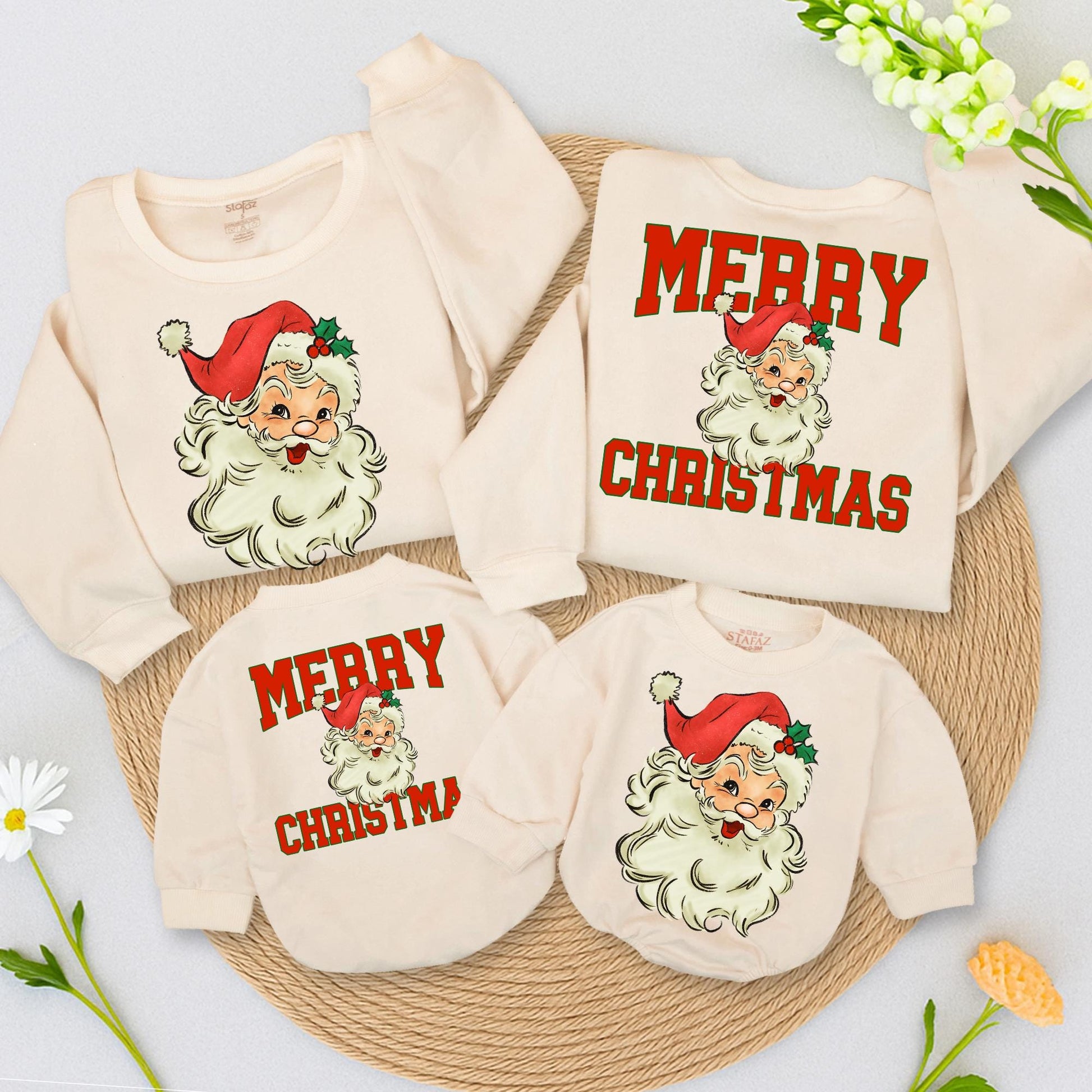 Retro Santa Merry Christmas Sweatshirt Vintage Holiday Family Outfit Two Sided Toddler Romper Cute Matching Winter Clothes Red White Black Graphic