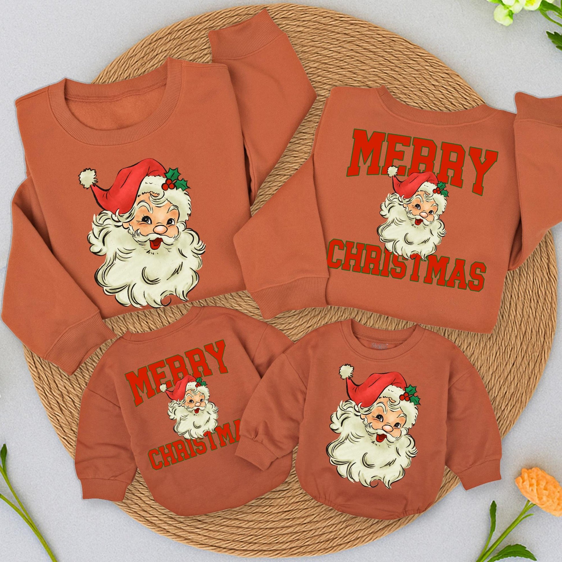 Retro Santa Merry Christmas Sweatshirt Vintage Holiday Family Outfit Two Sided Toddler Romper Cute Matching Winter Clothes Red White Black Graphic