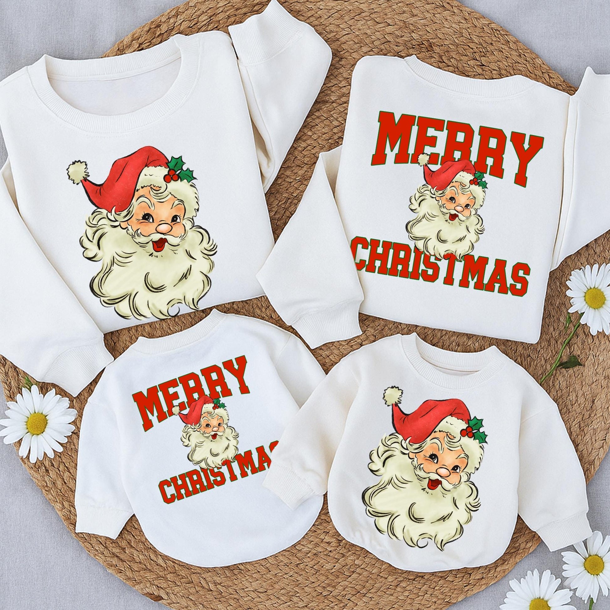 Retro Santa Merry Christmas Sweatshirt Vintage Holiday Family Outfit Two Sided Toddler Romper Cute Matching Winter Clothes Red White Black Graphic