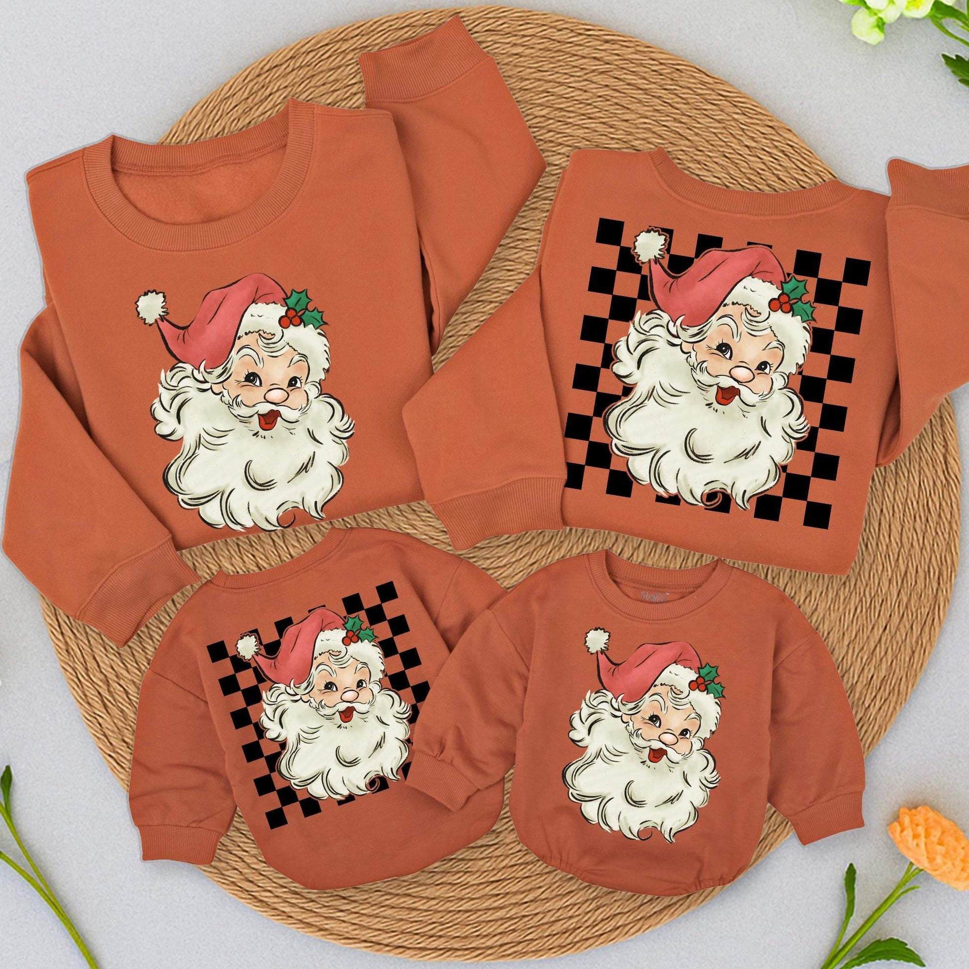 Retro Santa Christmas Sweatshirt & Romper, Vintage Checkered Graphic Baby Toddler Outfit, Muted Hand-Drawn Santa Claus Holly Design Two-Sided Holiday Sweater