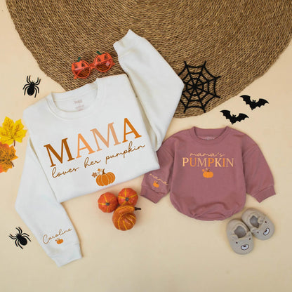 Mommy and Me Personalized Fall Pumpkin Matching Sweatshirts Mama Loves Her Pumpkin Design Warm Hues Halloween Thanksgiving Gift