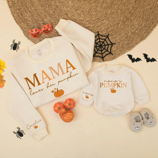 Mommy and Me Personalized Fall Pumpkin Matching Sweatshirts Mama Loves Her Pumpkin Design Warm Hues Halloween Thanksgiving Gift