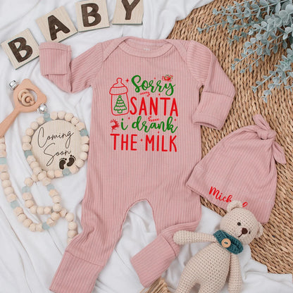 Sorry Santa I Drank The Milk Baby Bodysuit funny Christmas newborn outfit, festive red green design with sleigh reindeer stars and playful script for a baby's first holiday gift.