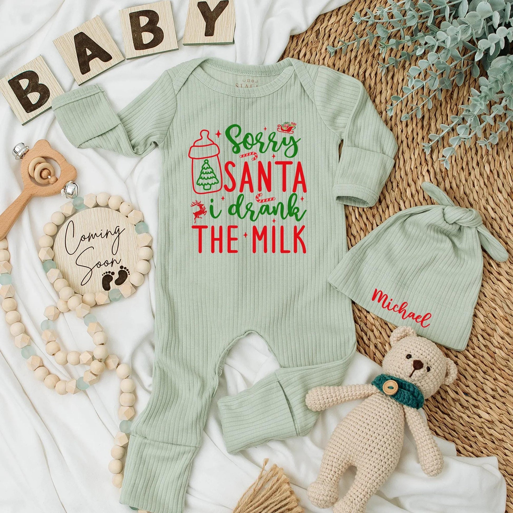Sorry Santa I Drank The Milk Baby Bodysuit funny Christmas newborn outfit, festive red green design with sleigh reindeer stars and playful script for a baby's first holiday gift.