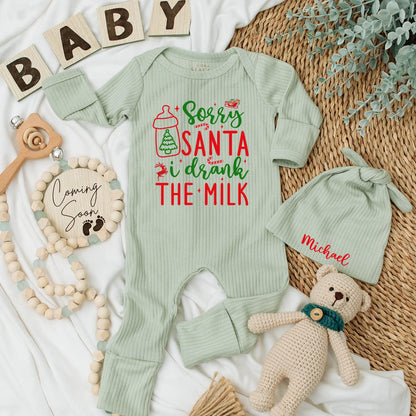 Sorry Santa I Drank The Milk Baby Bodysuit funny Christmas newborn outfit, festive red green design with sleigh reindeer stars and playful script for a baby's first holiday gift.