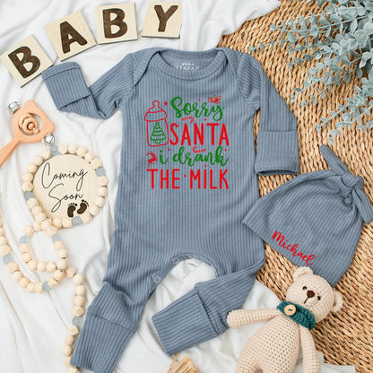 Sorry Santa I Drank The Milk Baby Bodysuit funny Christmas newborn outfit, festive red green design with sleigh reindeer stars and playful script for a baby's first holiday gift.