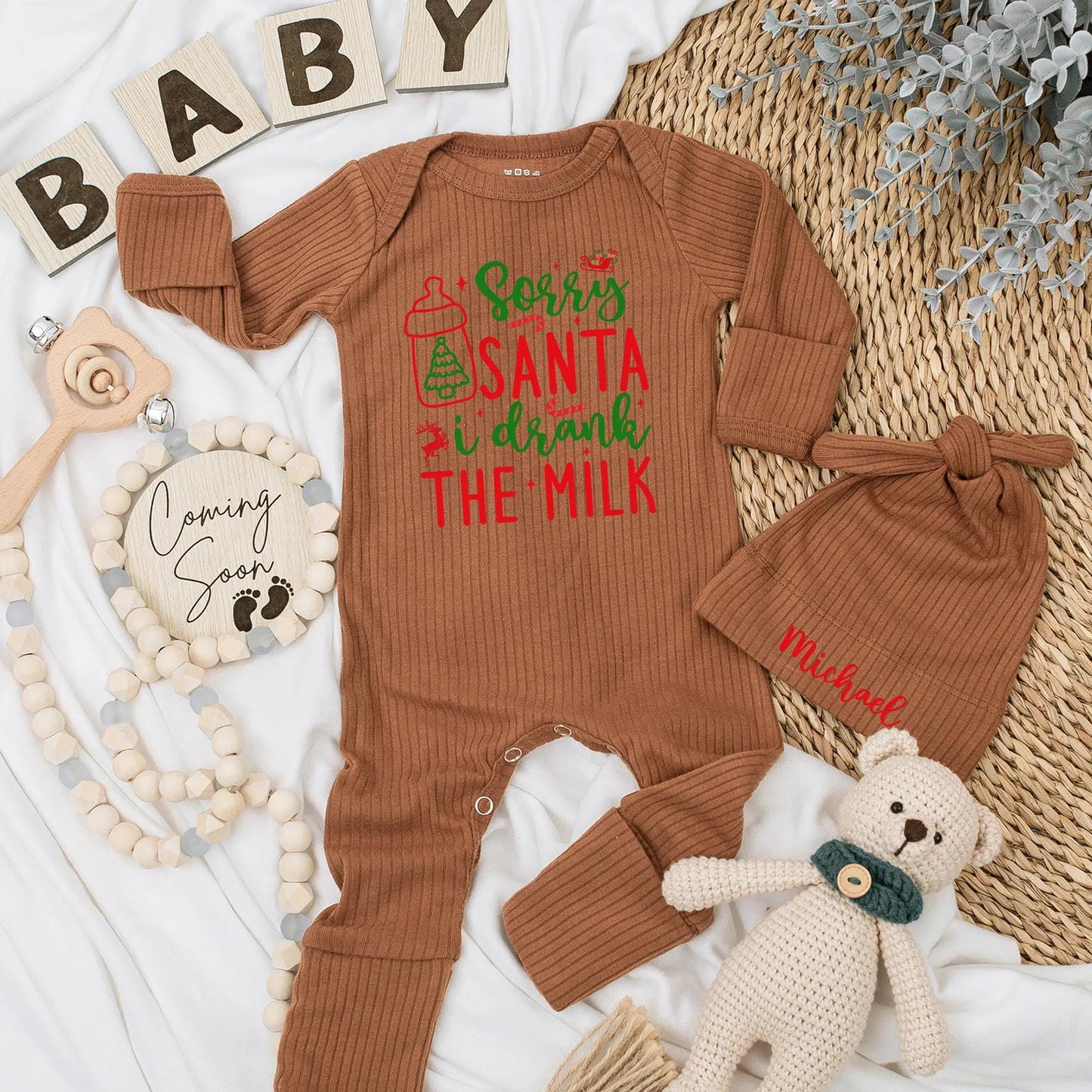 Sorry Santa I Drank The Milk Baby Bodysuit funny Christmas newborn outfit, festive red green design with sleigh reindeer stars and playful script for a baby's first holiday gift.