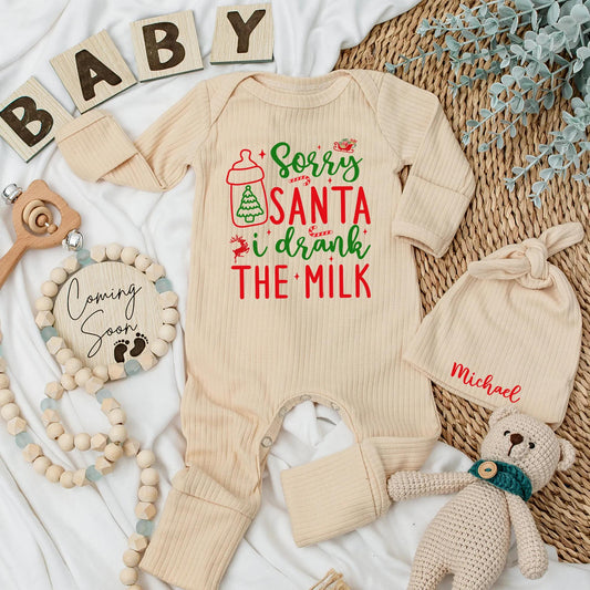 Sorry Santa I Drank The Milk Baby Bodysuit funny Christmas newborn outfit, festive red green design with sleigh reindeer stars and playful script for a baby's first holiday gift.