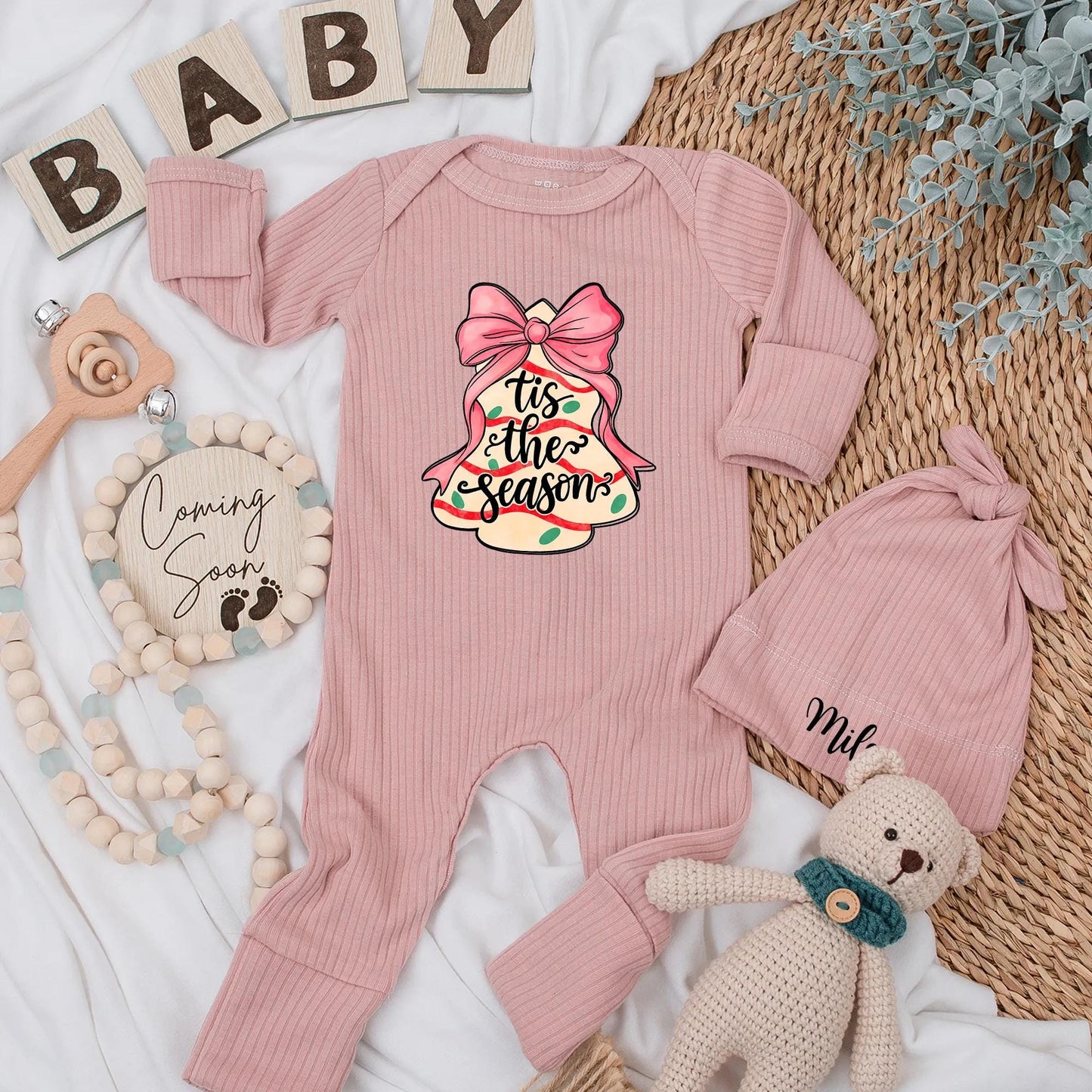 Christmas Cake Baby Bodysuit, Tis the Season Holiday Outfit for Baby Girl, Pink Bow Xmas Gift Newborn Clothes