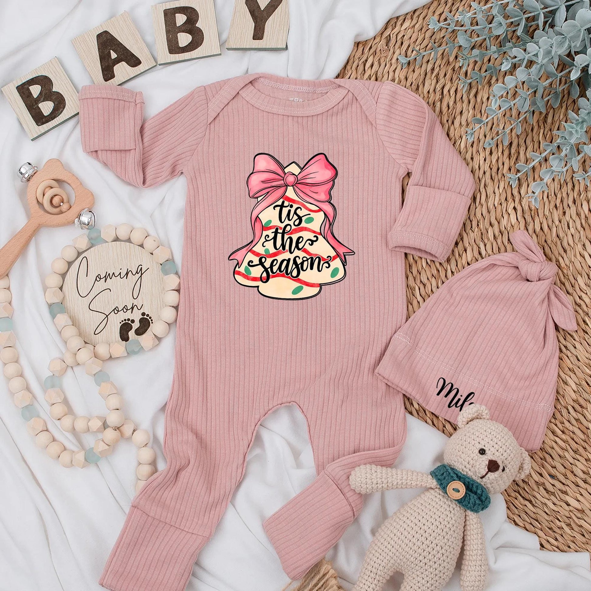 Christmas Cake Baby Bodysuit, Tis the Season Holiday Outfit for Baby Girl, Pink Bow Xmas Gift Newborn Clothes