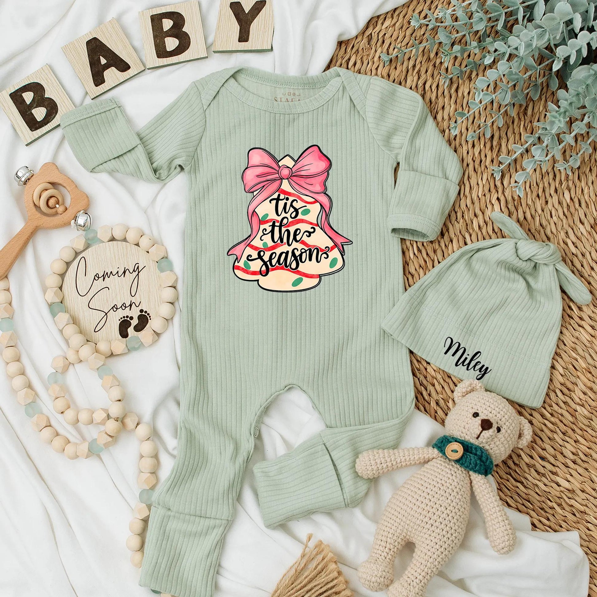Christmas Cake Baby Bodysuit, Tis the Season Holiday Outfit for Baby Girl, Pink Bow Xmas Gift Newborn Clothes