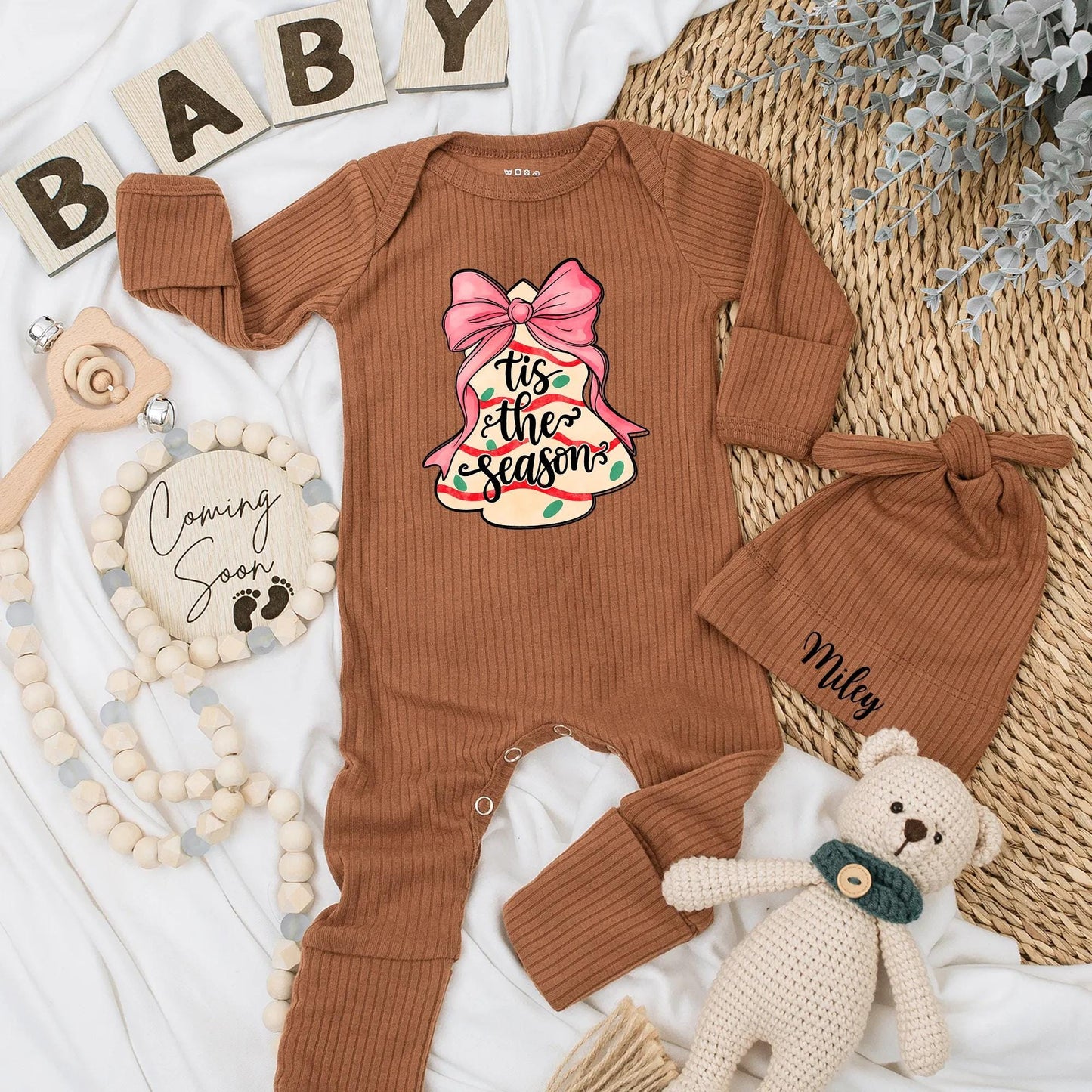 Christmas Cake Baby Bodysuit, Tis the Season Holiday Outfit for Baby Girl, Pink Bow Xmas Gift Newborn Clothes