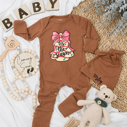 Christmas Cake Baby Bodysuit, Tis the Season Holiday Outfit for Baby Girl, Pink Bow Xmas Gift Newborn Clothes