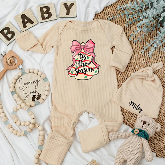 Christmas Cake Baby Bodysuit, Tis the Season Holiday Outfit for Baby Girl, Pink Bow Xmas Gift Newborn Clothes