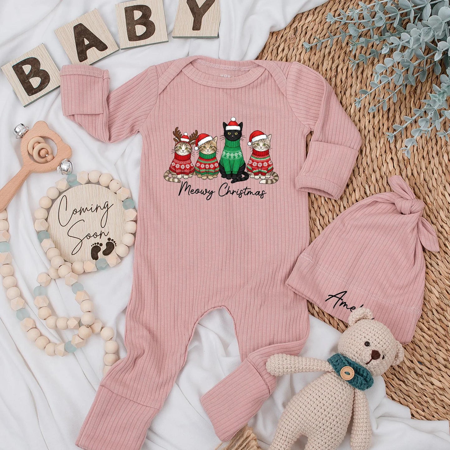 Meowy Christmas Baby Bodysuit Cute Holiday Cat Outfit Newborn Outfit with Cartoon Cats in Festive Sweaters and Hats and "Meowy Christmas" Text