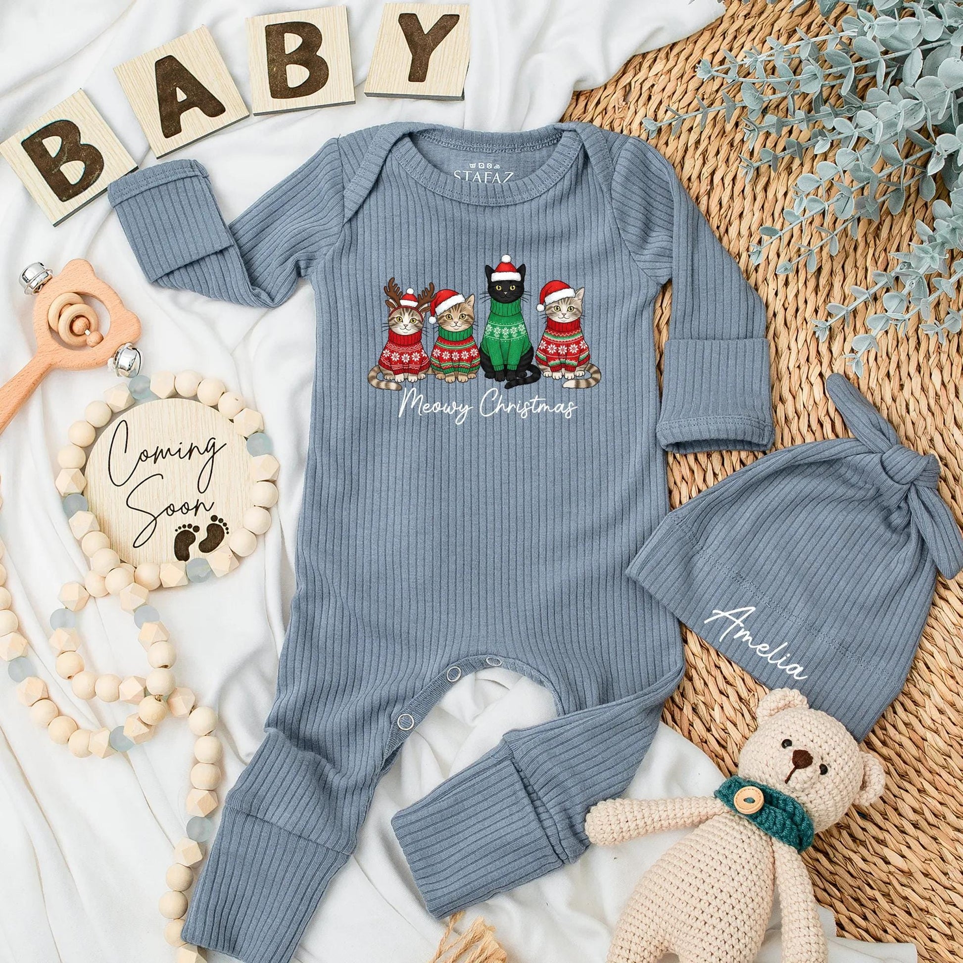 Meowy Christmas Baby Bodysuit Cute Holiday Cat Outfit Newborn Outfit with Cartoon Cats in Festive Sweaters and Hats and "Meowy Christmas" Text