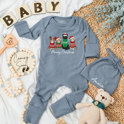 Meowy Christmas Baby Bodysuit Cute Holiday Cat Outfit Newborn Outfit with Cartoon Cats in Festive Sweaters and Hats and "Meowy Christmas" Text
