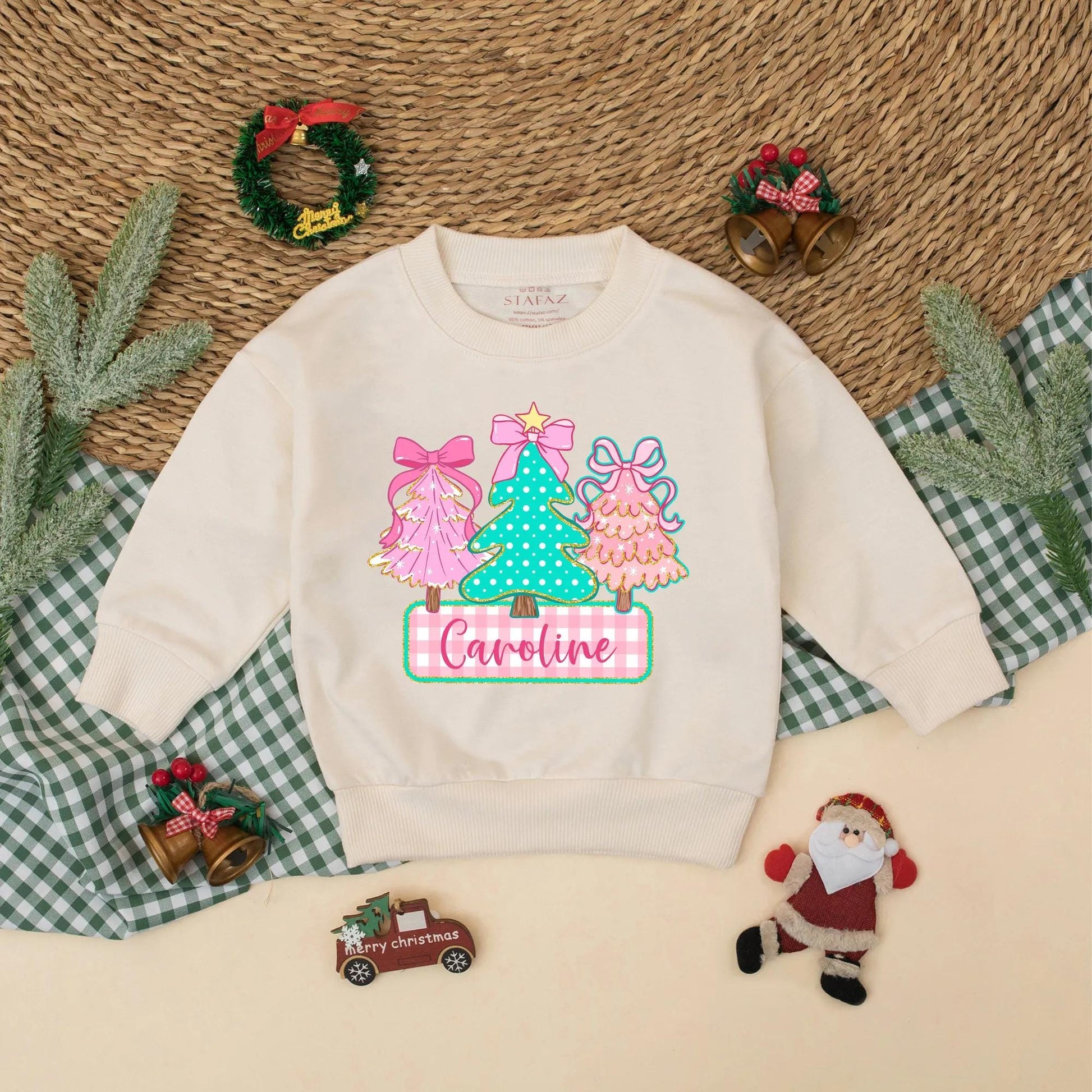 Personalized Caroline Christmas Tree Romper, Cute Holiday Baby Outfit, Pink & Green Sweatshirt Romper, Whimsical Infant Christmas Gift, Bow Accent (138 chars)