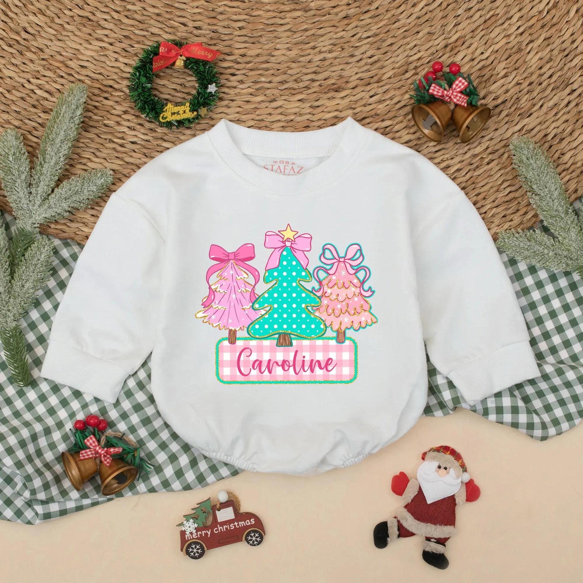 Personalized Caroline Christmas Tree Romper, Cute Holiday Baby Outfit, Pink & Green Sweatshirt Romper, Whimsical Infant Christmas Gift, Bow Accent (138 chars)