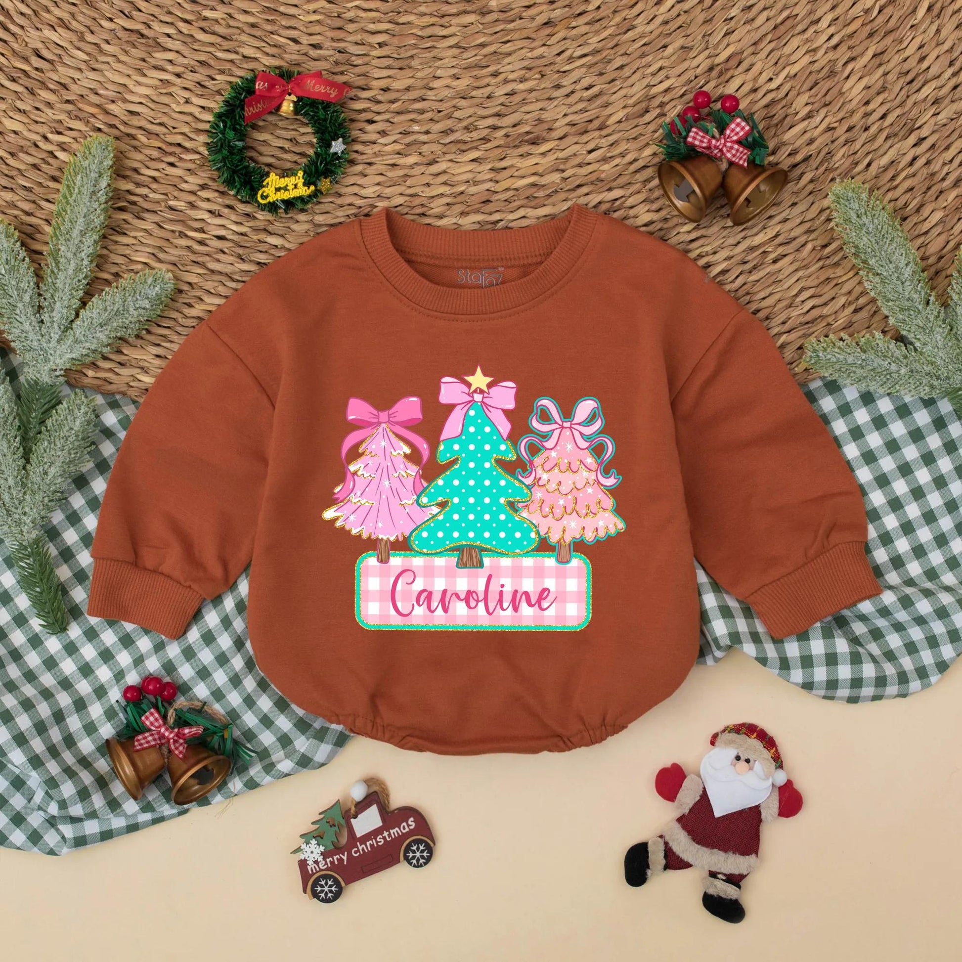 Personalized Caroline Christmas Tree Romper, Cute Holiday Baby Outfit, Pink & Green Sweatshirt Romper, Whimsical Infant Christmas Gift, Bow Accent (138 chars)