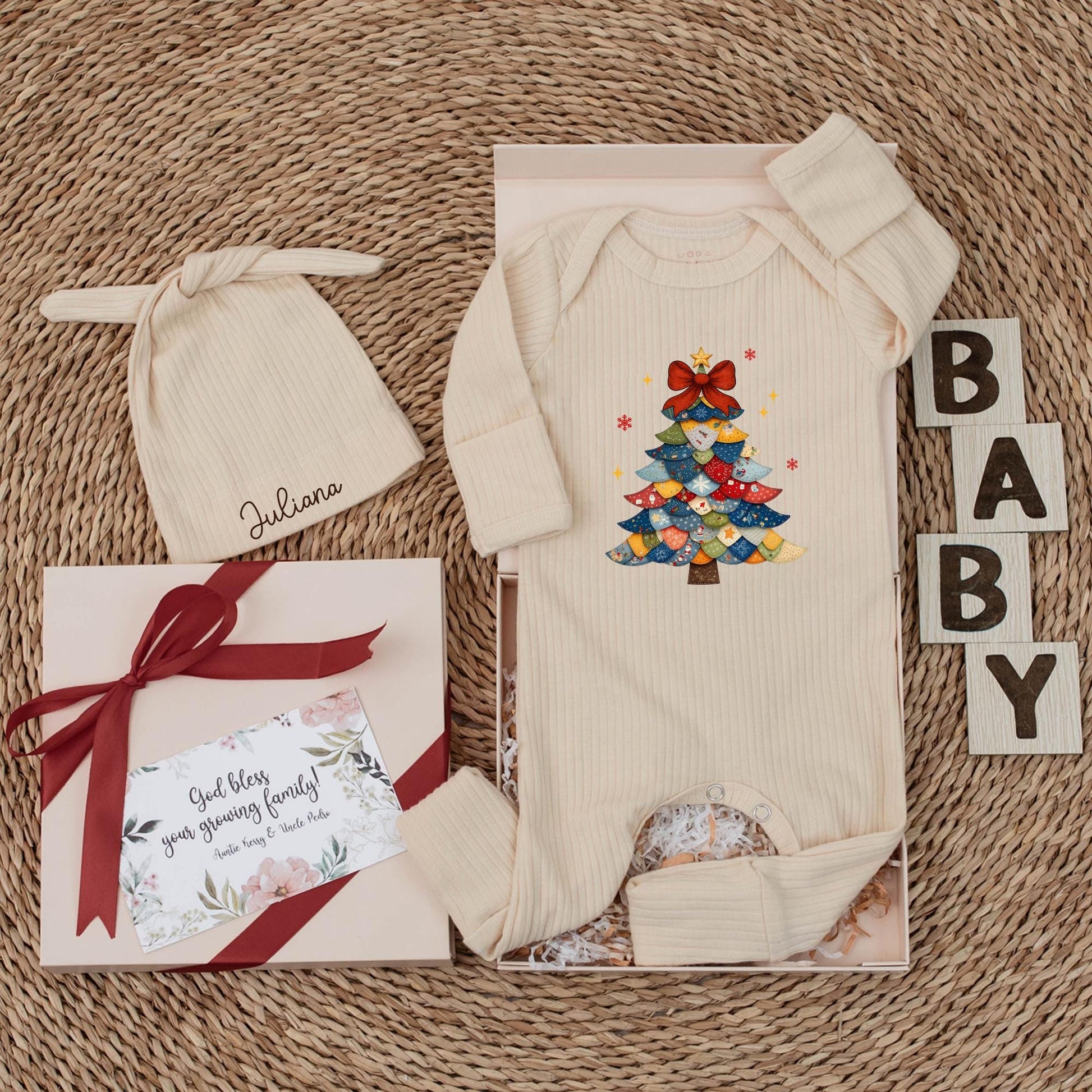 Vintage Christmas Tree Baby Bodysuit First Xmas Outfit, Custom Newborn Gift, Holiday Baby Shower Gift, Winter Clothes