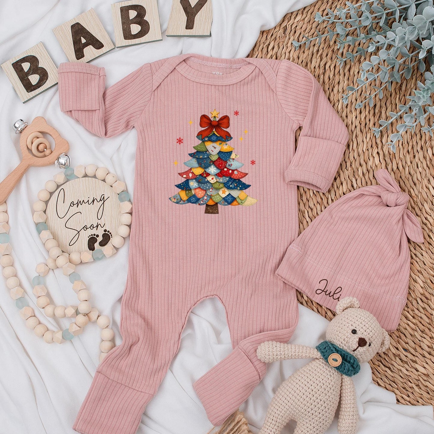 Vintage Christmas Tree Baby Bodysuit First Xmas Outfit, Custom Newborn Gift, Holiday Baby Shower Gift, Winter Clothes