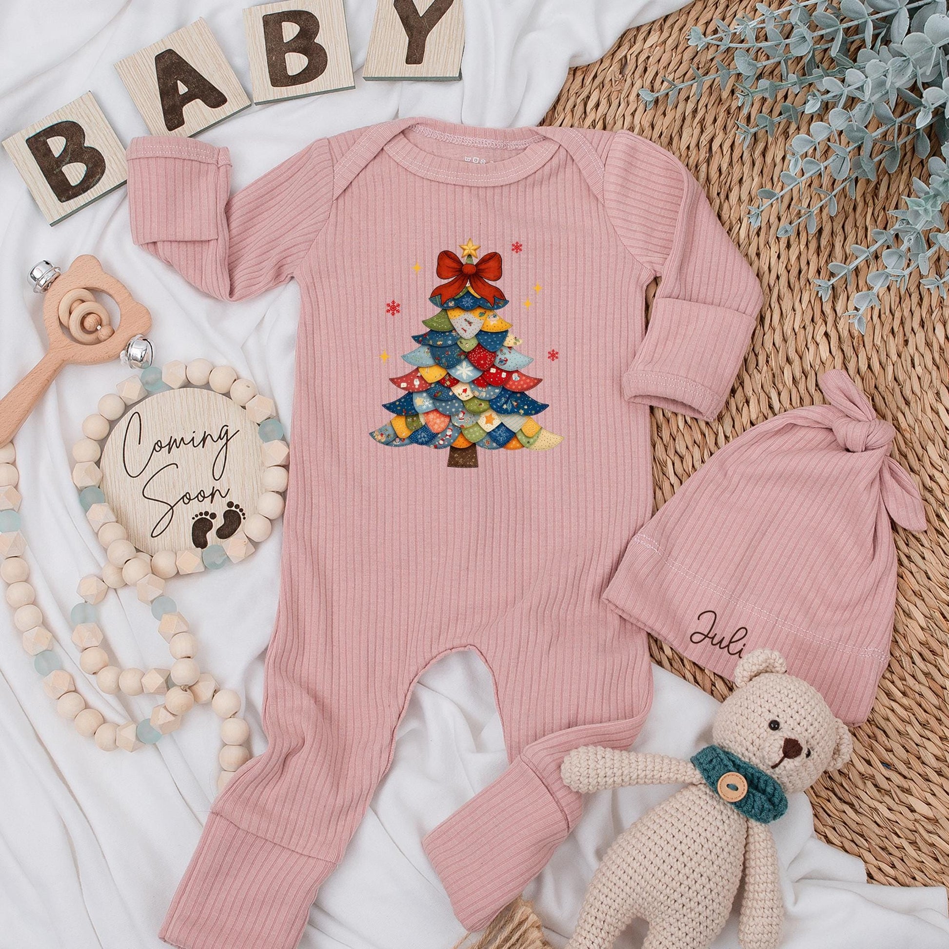 Vintage Christmas Tree Baby Bodysuit First Xmas Outfit, Custom Newborn Gift, Holiday Baby Shower Gift, Winter Clothes