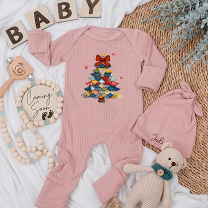 Vintage Christmas Tree Baby Bodysuit First Xmas Outfit, Custom Newborn Gift, Holiday Baby Shower Gift, Winter Clothes