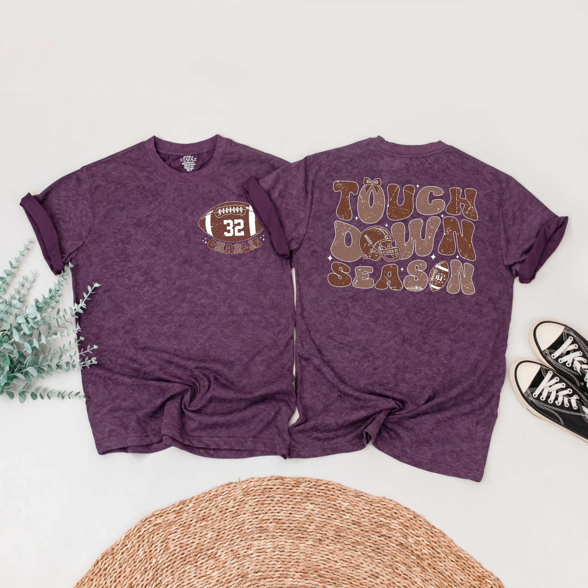 Touch Down Season Personalized Football Shirt, Retro Style, Custom Name & Number, Family Game Day Outfit, Distressed Vintage Football Tee, Warm Brown Tone