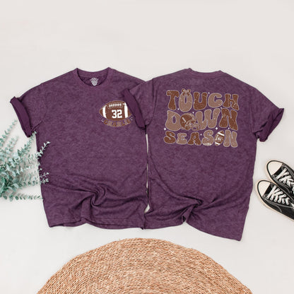 Touch Down Season Personalized Football Shirt, Retro Style, Custom Name & Number, Family Game Day Outfit, Distressed Vintage Football Tee, Warm Brown Tone